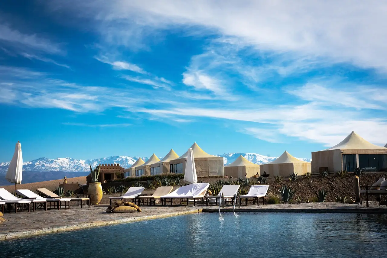 Snow-capped High Atlas seen from the Agafay pool